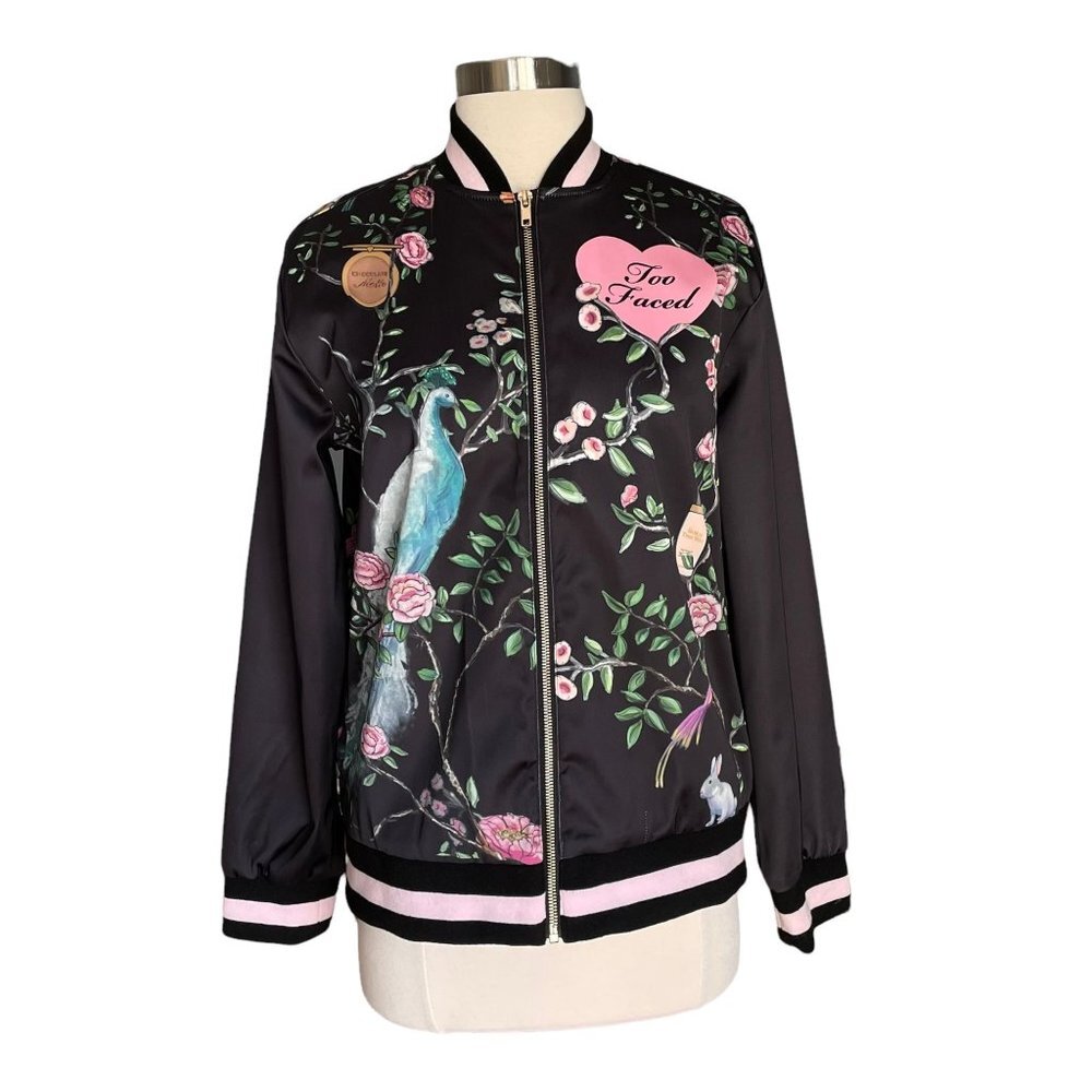 Too Faced Cosmetics Printed Bomber Jacket Black Satin Embroidered